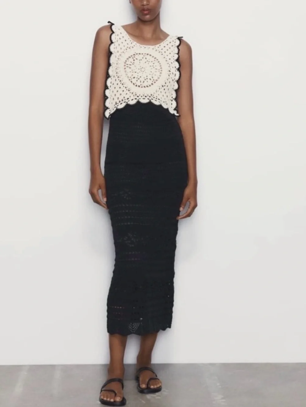 Zara Black And White Crochet MIDI Dress Women’s Medium Bodycon Bohemian - Picture 1 of 13
